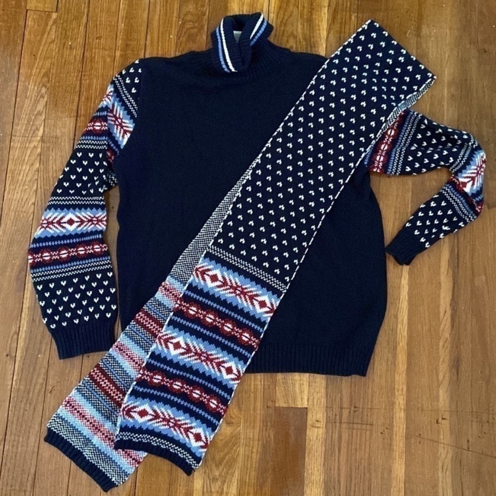 2-PC Fair Isle❄️Navy Turtleneck Sweater & Matching Scarf